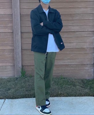 Men's Navy Harrington Jacket, White Crew-neck T-shirt, Olive Chinos, White and Black Leather Low Top Sneakers