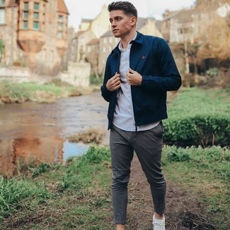 Grey Check Chinos Outfits: Perfect casual in a navy harrington jacket and grey check chinos. This ensemble is complemented really well with white canvas low top sneakers.