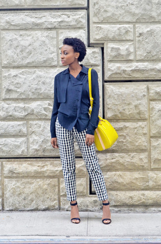Women's Yellow Leather Satchel Bag, Navy Leather Heeled Sandals, White and Black Gingham Dress Pants, Navy Button Down Blouse