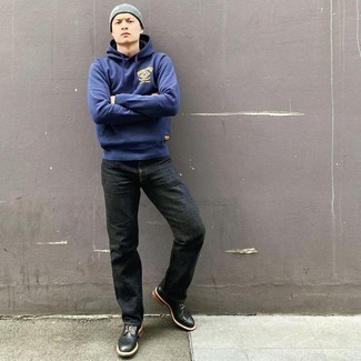 Men's Navy Print Hoodie, Charcoal Jeans, Black Leather Casual Boots, Grey Beanie