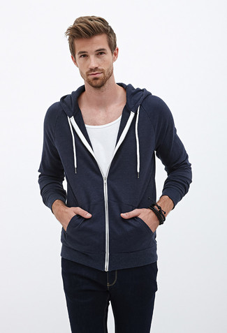 Blue Hoodie Outfits For Men: Demonstrate your credentials in men's fashion by teaming a blue hoodie and black jeans for a casual combo.