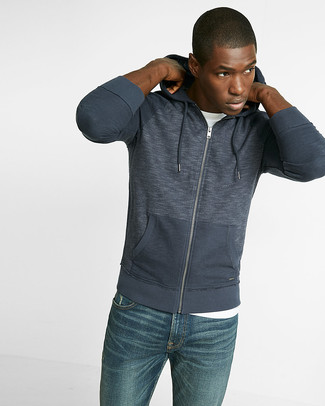 Blue Hoodie Outfits For Men: The go-to for cool casual style for men? A blue hoodie with blue jeans.