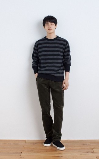 Black Canvas Slip-on Sneakers Outfits For Men In Their Teens: If you're on the hunt for an off-duty yet stylish getup, marry a navy horizontal striped crew-neck sweater with dark green chinos. Add black canvas slip-on sneakers to this outfit and ta-da: this ensemble is complete. Overall, a good example of relaxed fashion for teenage guys.