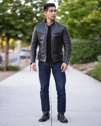Black Leather Bomber Jacket with Navy Jeans Outfits For Men: 