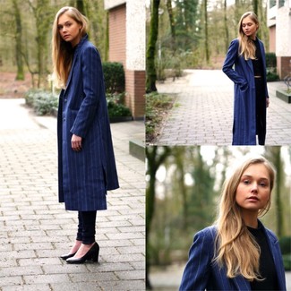 Navy Vertical Striped Coat Outfits For Women: 