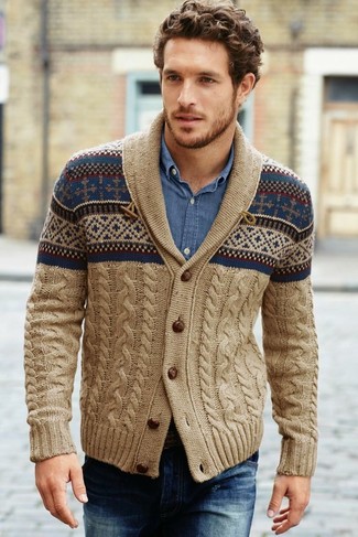 Tan Shawl Cardigan Outfits For Men: 