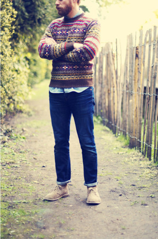 Dark Brown Fair Isle Crew-neck Sweater Outfits For Men: 