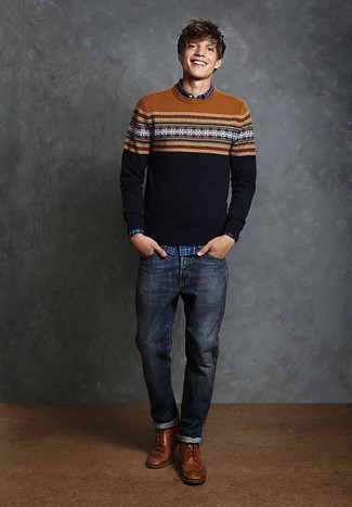 Navy Fair Isle Crew-neck Sweater Outfits For Men: 