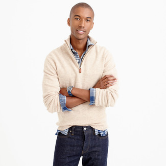 Beige Zip Neck Sweater with Long Sleeve Shirt Outfits For Men: 
