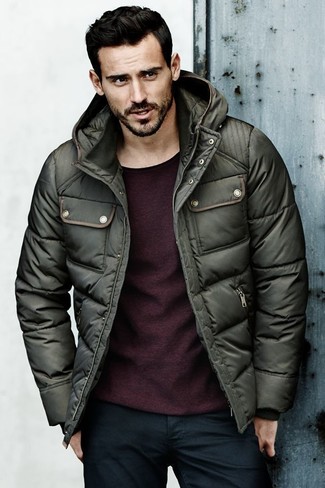 Dark Green Puffer Jacket Outfits For Men: 