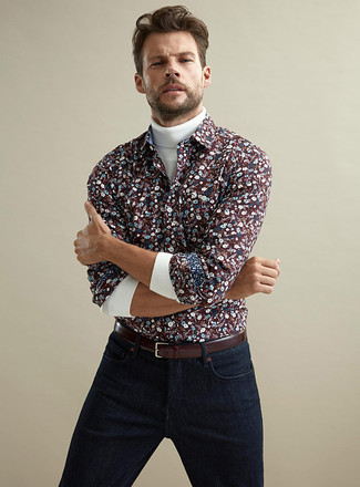 Burgundy Floral Long Sleeve Shirt Outfits For Men: 