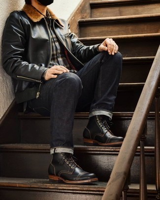 Men's Black Leather Casual Boots, Navy Jeans, Charcoal Plaid Flannel Long Sleeve Shirt, Black Leather Harrington Jacket