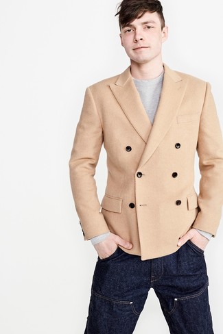 Beige Double Breasted Blazer Outfits For Men: 