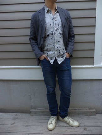 Men's White Leather Low Top Sneakers, Navy Jeans, Grey Print Long Sleeve Shirt, Charcoal Linen Blazer