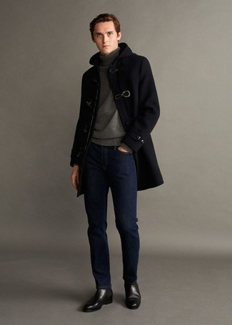 Men's Black Leather Chelsea Boots, Navy Jeans, Grey Wool Turtleneck, Black Duffle Coat