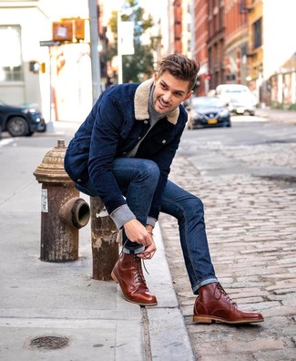 Navy Corduroy Shirt Jacket with Brown Leather Casual Boots Outfits For Men: 