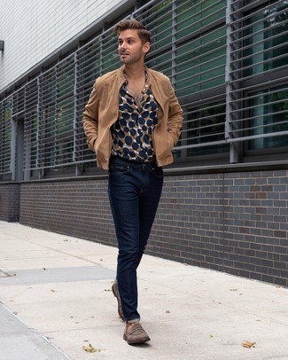 Men's Brown Suede Loafers, Navy Jeans, Multi colored Print Short Sleeve Shirt, Tan Suede Bomber Jacket