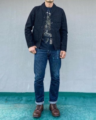 Black Denim Shirt Jacket Outfits For Men: 