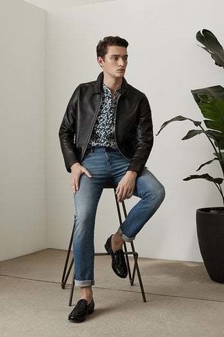 Men's Black Leather Loafers, Navy Jeans, Navy and White Floral Short Sleeve Shirt, Black Leather Harrington Jacket