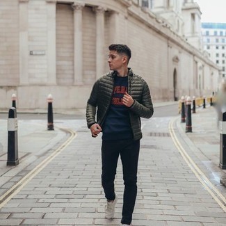 Navy Print Crew-neck Sweater Outfits For Men: 