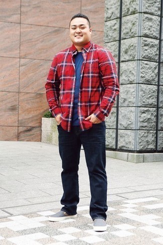 Men's Grey Canvas Slip-on Sneakers, Navy Jeans, Navy Crew-neck T-shirt, Red Plaid Long Sleeve Shirt