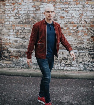 Red Suede Low Top Sneakers Outfits For Men: 