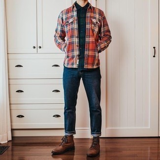 Men's Brown Leather Casual Boots, Navy Jeans, Navy Plaid Short Sleeve Shirt, Red Plaid Long Sleeve Shirt