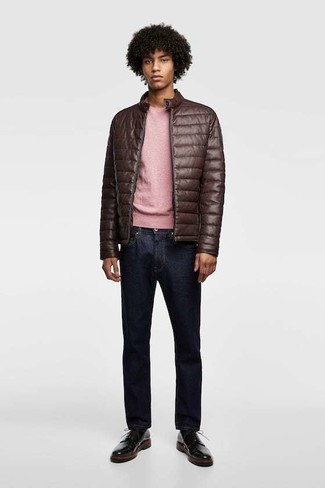 Dark Brown Quilted Leather Bomber Jacket Outfits For Men: 