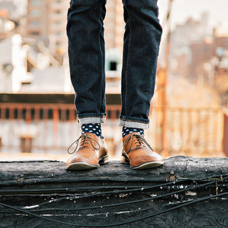 Men's Navy Jeans, Tan Leather Oxford Shoes, Navy Polka Dot Socks