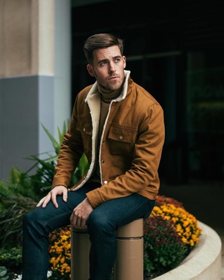 Tan Turtleneck with Tobacco Shirt Jacket Outfits For Men: 