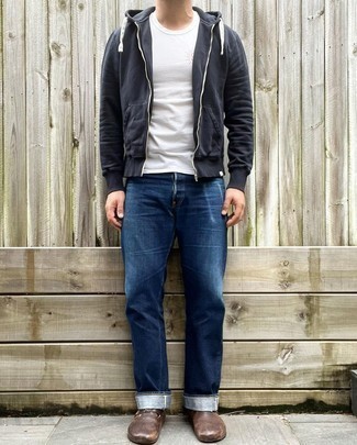 Men's Dark Brown Leather Loafers, Navy Jeans, White Crew-neck T-shirt, Black Hoodie