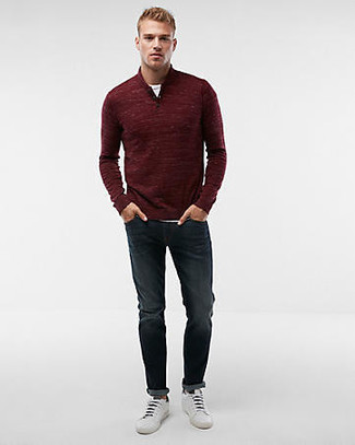 Men's White Leather Low Top Sneakers, Navy Jeans, White Crew-neck T-shirt, Burgundy Zip Neck Sweater