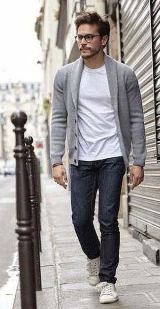 Men's White Leather Low Top Sneakers, Navy Jeans, White Crew-neck T-shirt, Grey Shawl Cardigan