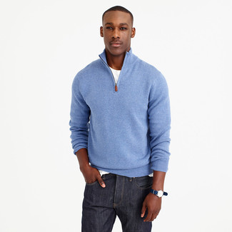 Light Blue Zip Neck Sweater Outfits For Men: 