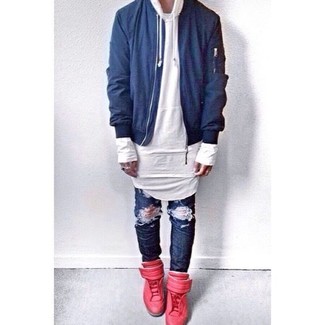 Men's Red Leather High Top Sneakers, Navy Ripped Jeans, White Hoodie, Blue Bomber Jacket
