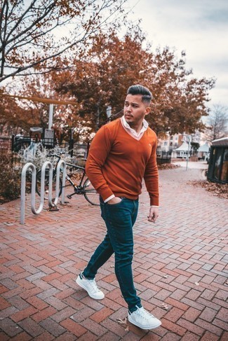Orange V-neck Sweater Outfits For Men: 