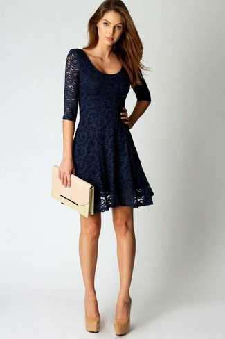 New Look Navy Lace Belted Skater Dress