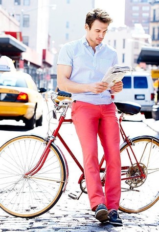 Light Blue Vertical Striped Short Sleeve Shirt Outfits For Men: 