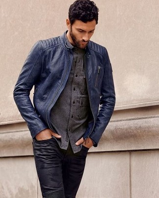 Smooth And Suede Lambskin Bomber Jacket Blue Navy