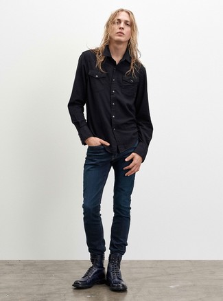 Men's Navy Leather Casual Boots, Navy Jeans, Black Denim Shirt