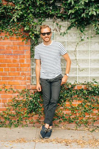 Men's Navy Leather Derby Shoes, Charcoal Chinos, White and Black Horizontal Striped Crew-neck T-shirt