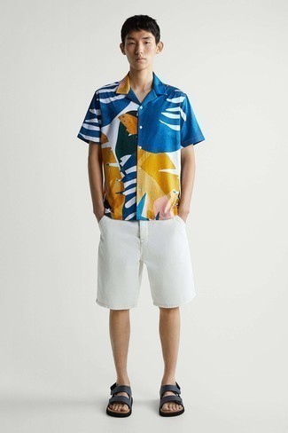 Men's Navy Leather Sandals, White Shorts, Multi colored Print Short Sleeve Shirt