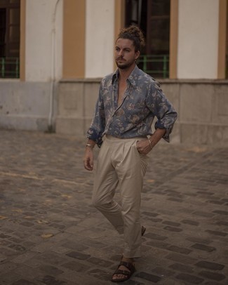 Navy Floral Long Sleeve Shirt Outfits For Men: If you're looking for a laid-back but also on-trend look, team a navy floral long sleeve shirt with beige chinos. Finishing with a pair of dark brown leather sandals is a simple way to introduce an air of stylish casualness to this getup.