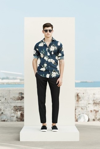Men's Navy Floral Long Sleeve Shirt, Black Chinos, Black Canvas Slip-on Sneakers, Dark Brown Sunglasses