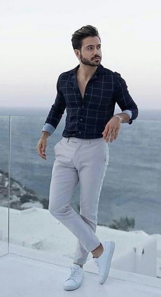 Men's Navy Check Long Sleeve Shirt, Grey Chinos, White Canvas Low Top Sneakers, Silver Bracelet
