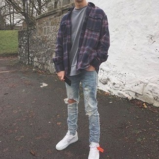 Men's Navy Plaid Flannel Long Sleeve Shirt, Grey Crew-neck T-shirt, Light Blue Ripped Jeans, White Print Canvas Low Top Sneakers