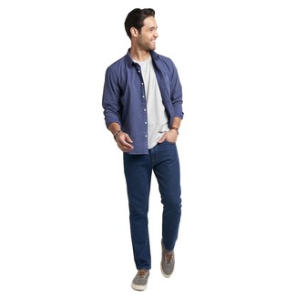 Navy Polka Dot Long Sleeve Shirt Outfits For Men: This relaxed pairing of a navy polka dot long sleeve shirt and navy jeans will catch attention wherever you go. Add grey canvas low top sneakers to this ensemble and the whole getup will come together perfectly.