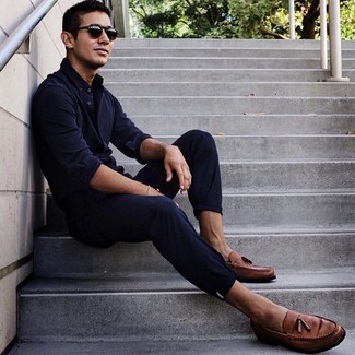 Men's Navy Long Sleeve Shirt, Navy Chinos, Brown Leather Tassel Loafers, Black Sunglasses