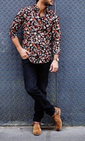 Beige Watch Outfits For Men: The versatility of a navy floral long sleeve shirt and a beige watch guarantees they will be on permanent rotation. And if you wish to easily up the style ante of this ensemble with a pair of shoes, add tan suede chelsea boots to the equation.