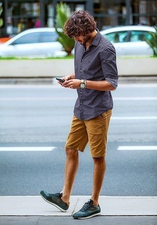 Dark Green Athletic Shoes Outfits For Men: Pair a navy print long sleeve shirt with tobacco shorts to assemble an extra sharp and modern-looking casual ensemble. Want to go easy on the shoe front? Add a pair of dark green athletic shoes to the equation for the day.